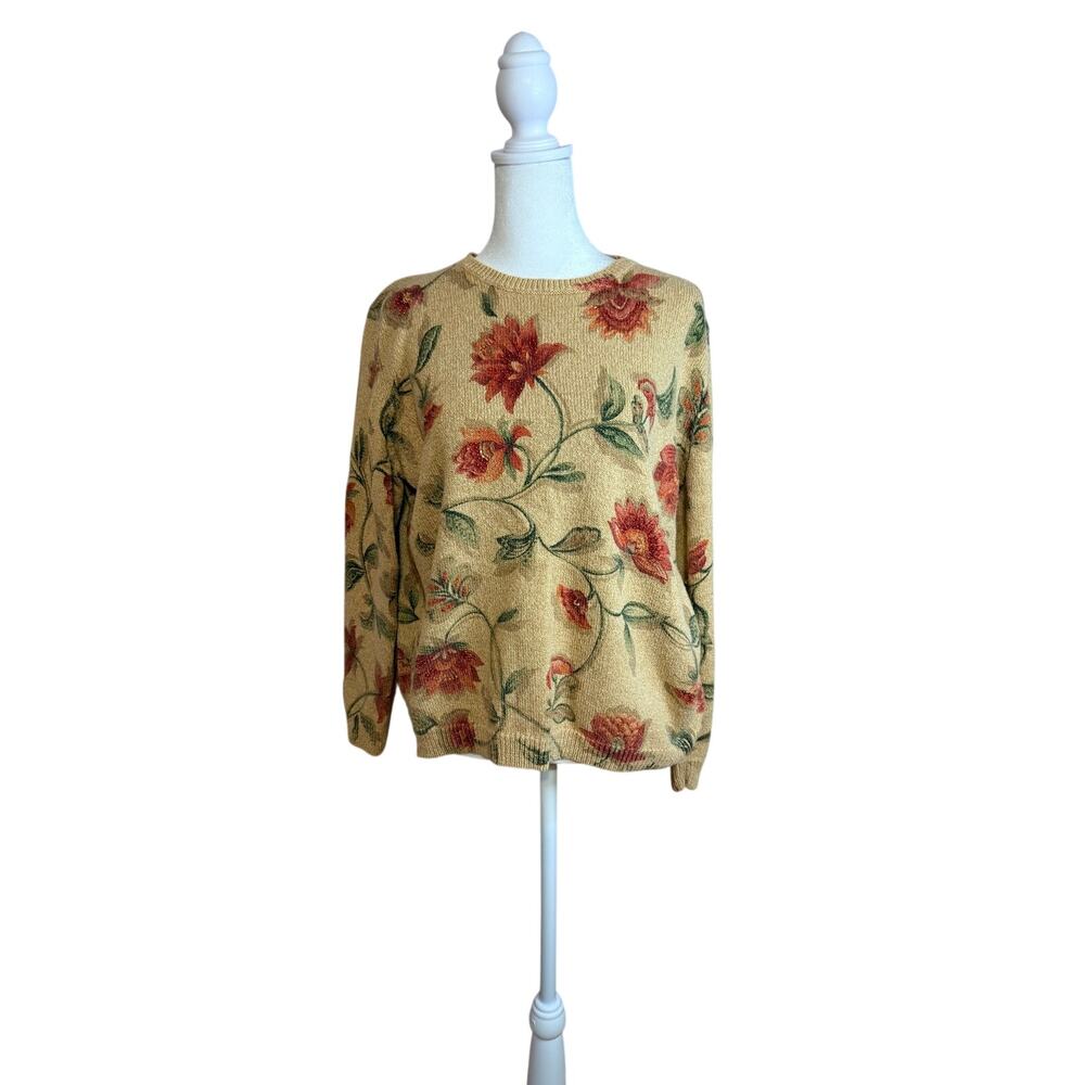 Alfred Dunner Women’s beige crewneck sweater textured knit floral pattern XL